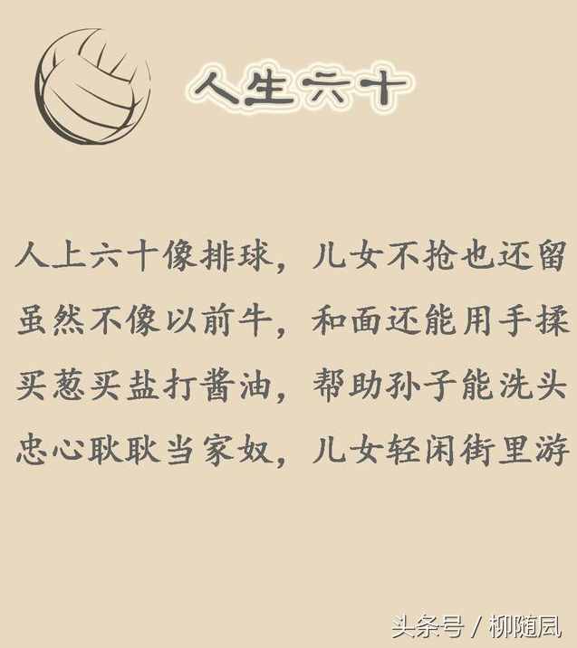 人生順口溜：20歲，30歲，40歲，50歲，60歲，70歲，80歲