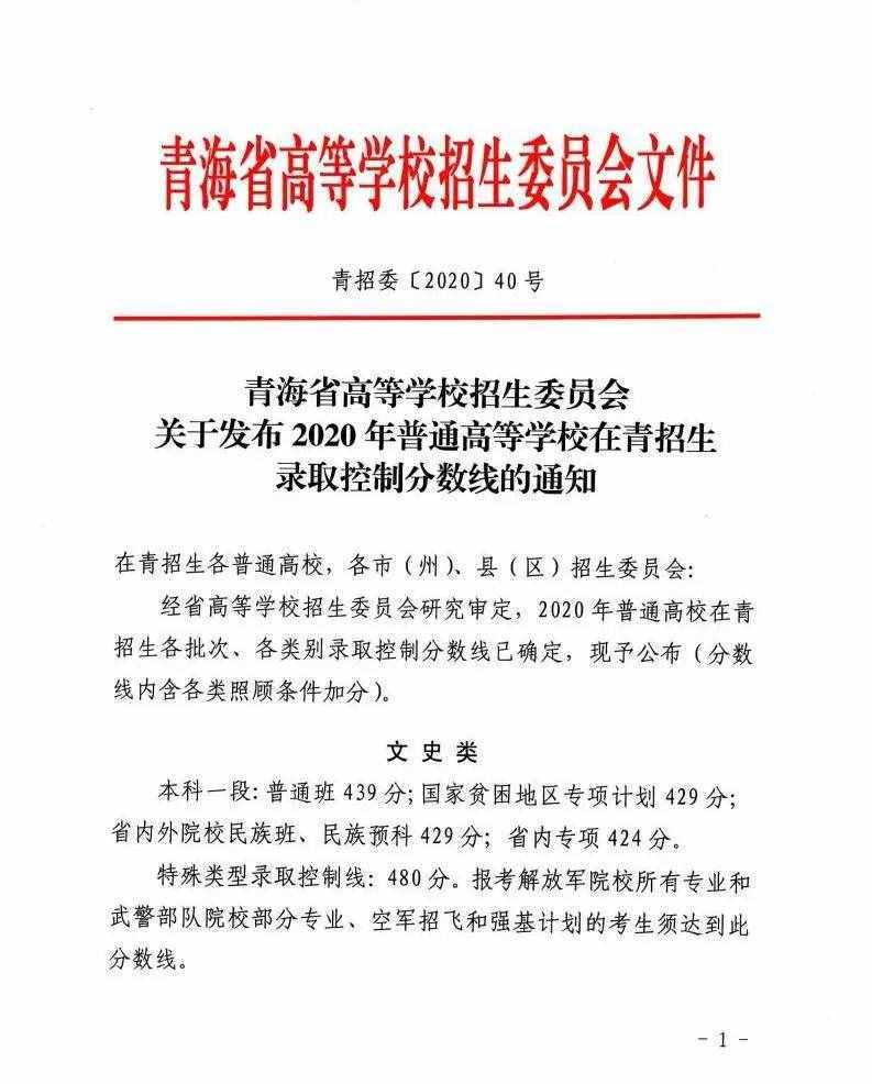 2020年青海高考分?jǐn)?shù)線公布