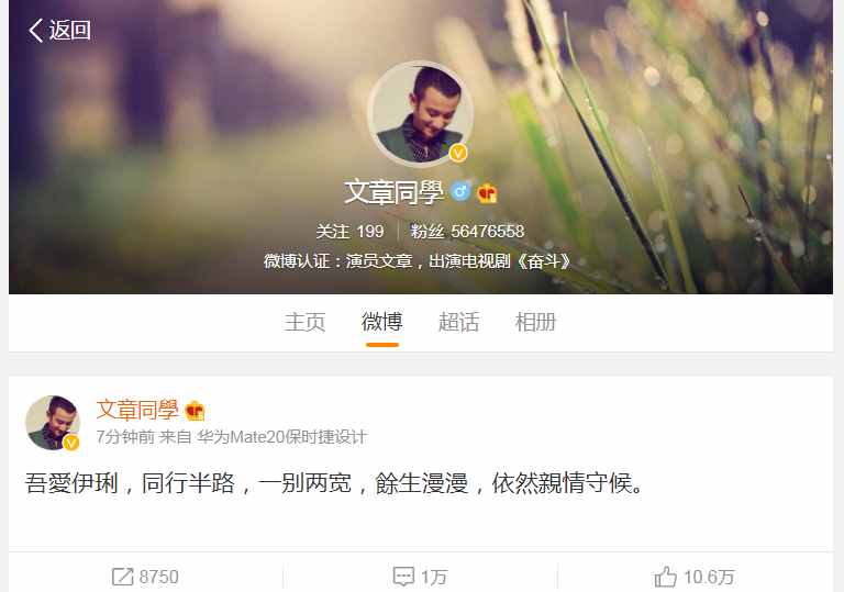 演員文章微博發(fā)文宣布與馬伊琍離婚 馬伊琍回應(yīng)：你我深愛(ài)過(guò)，往后各生歡喜