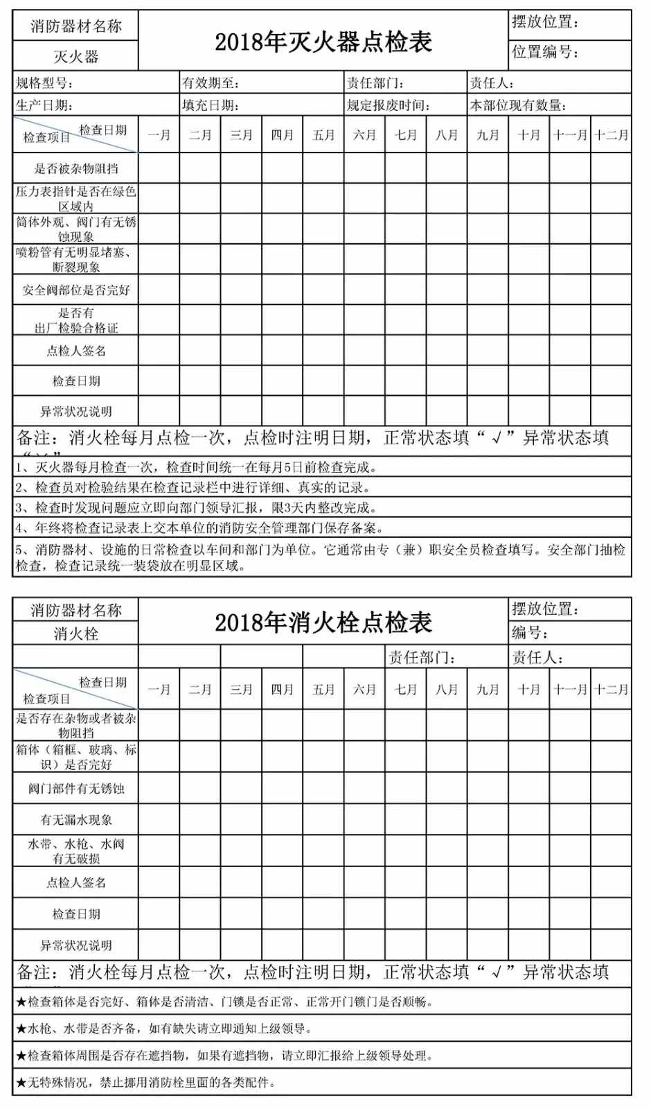 「收藏」滅火器和消火栓點(diǎn)檢表模板