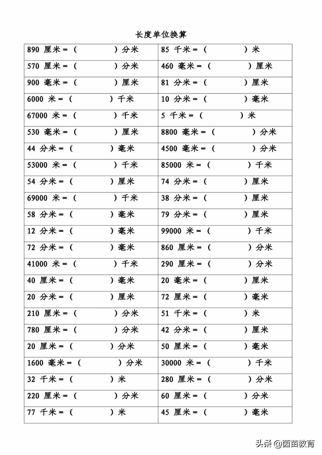 長度單位換算專項練習，附答案