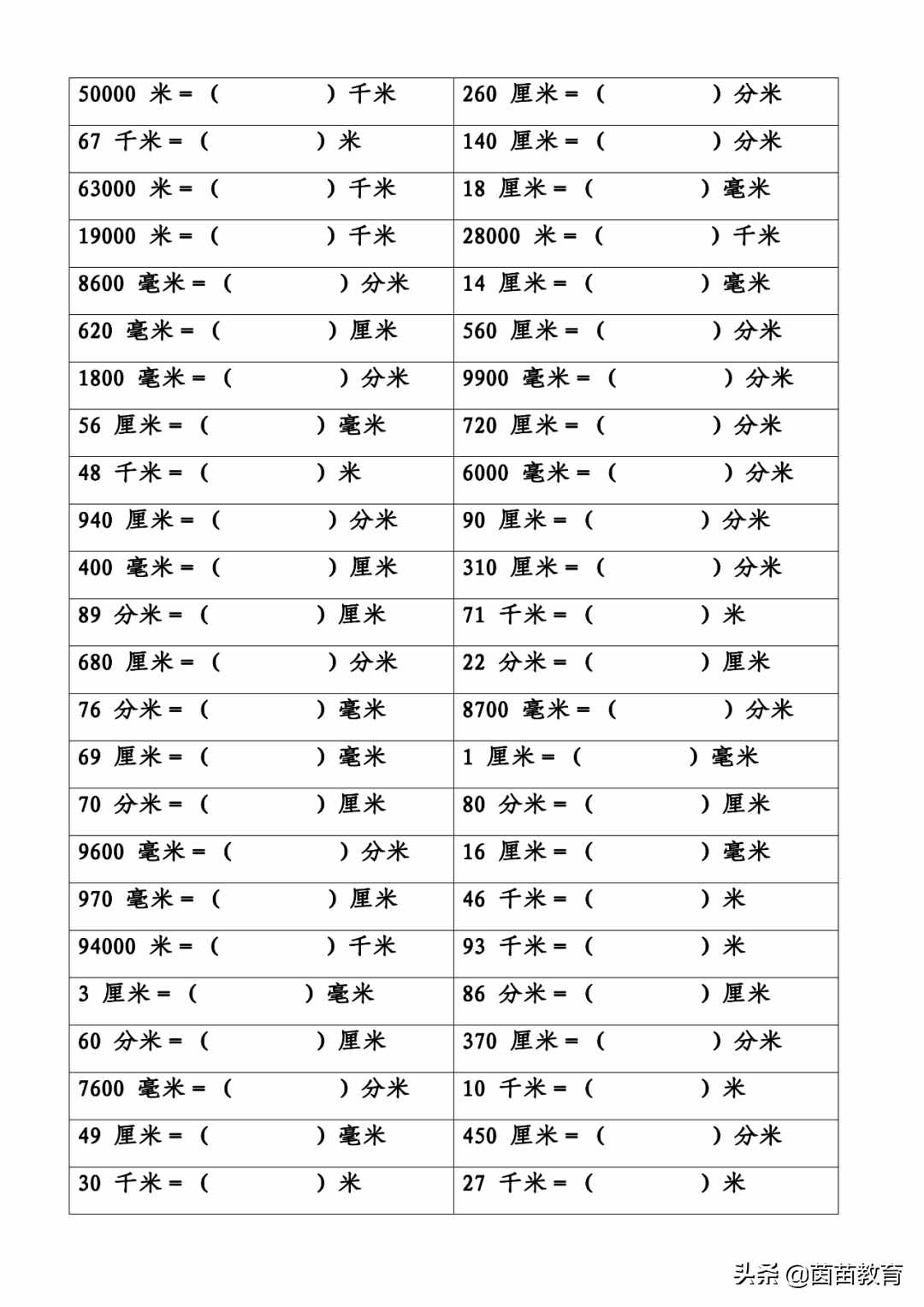 長度單位換算專項練習，附答案
