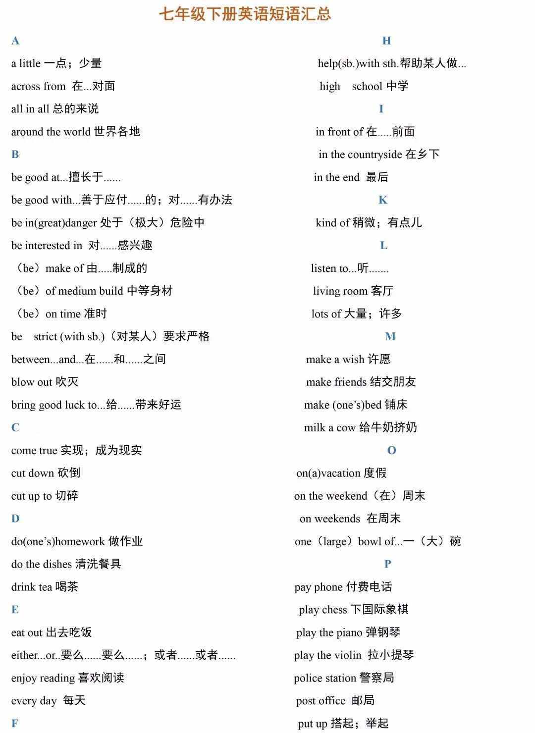 可打??！初一到初三各冊(cè)英語(yǔ)高頻短語(yǔ)總結(jié)