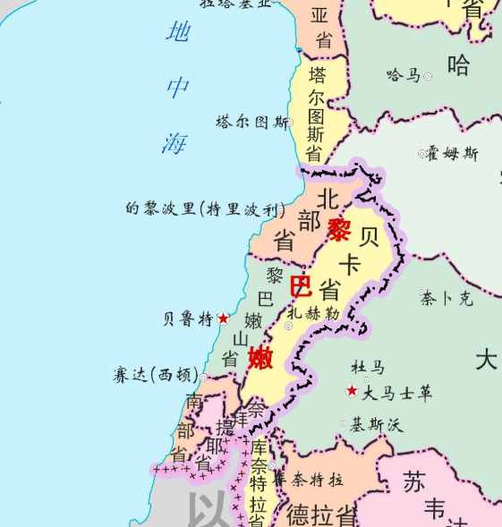 黎巴嫩全國分成省、縣、市鎮(zhèn)三級(jí)：首都也是一個(gè)省，面積卻很小
