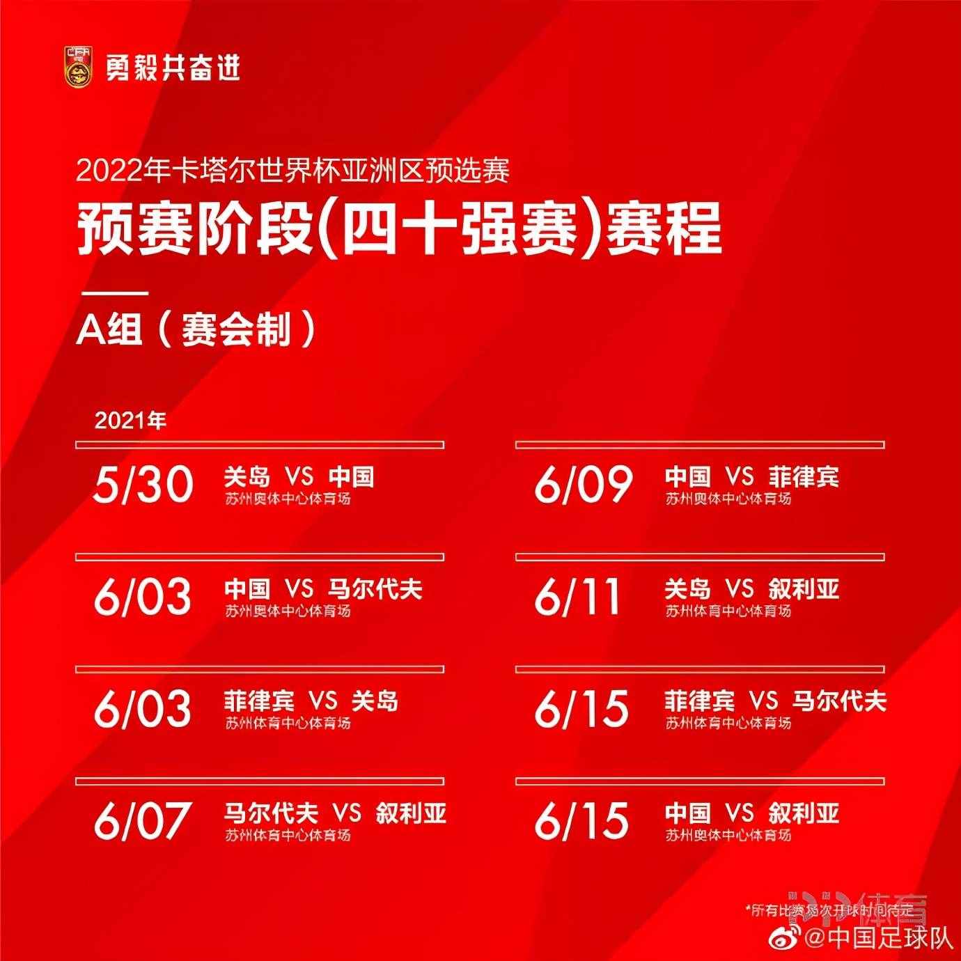 國足世預(yù)賽最新賽程：5月30日迎戰(zhàn)關(guān)島 6月15日決戰(zhàn)敘利亞