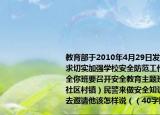 教育部于2010年4月29日發(fā)出緊急通知要求切實(shí)加強(qiáng)學(xué)校安全防范工作確保師生安全你班要召開安全教育主題班會(huì)想請(qǐng)駐校（社區(qū)村鎮(zhèn)）民警來做安全知識(shí)講座如果你去邀請(qǐng)他該怎樣說（（40字以內(nèi)）________________________________________